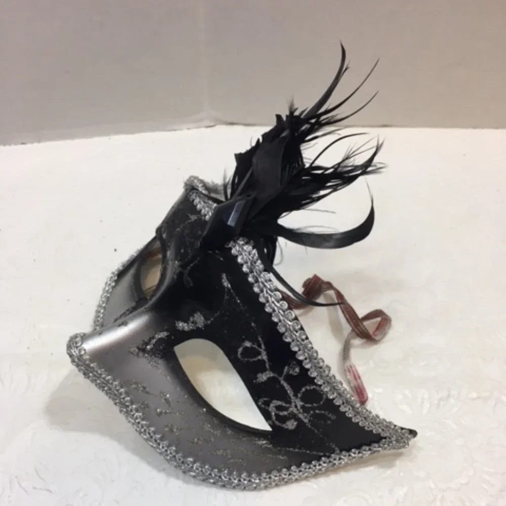 Masquerade Black Silver Gold Glitter Feather Mask Halloween Venetian Style